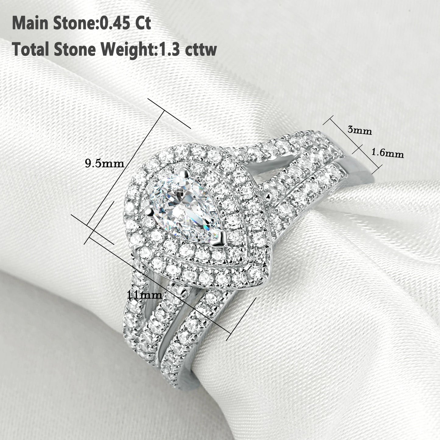 Wedding Ring Set Classic Jewelry 1.3 Carats Pear Cut AAAAA CZ 925 Sterling Silver Engagement Rings for Women 1R0004