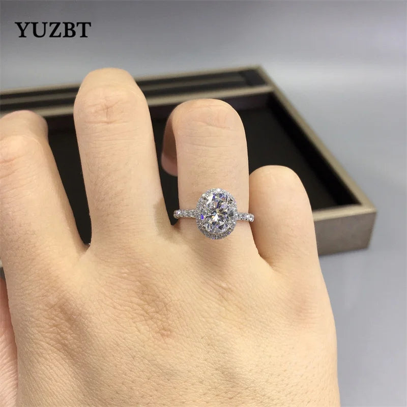 Women 18K White Gold Plated Brilliant Cut 2 Carat Diamond Test past D Color Moissanite Egg Ring 925 Silver Oval Gemstone Jewelry