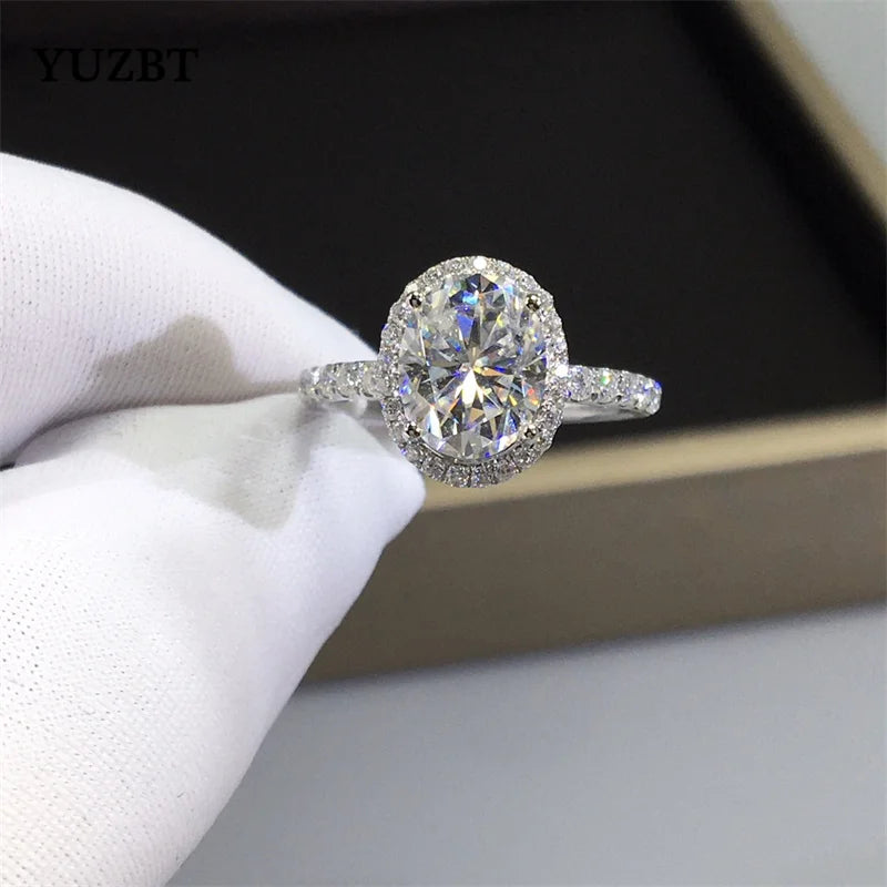 Women 18K White Gold Plated Brilliant Cut 2 Carat Diamond Test past D Color Moissanite Egg Ring 925 Silver Oval Gemstone Jewelry