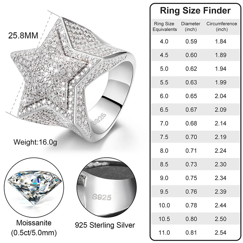 S925 Five Star Moissanite Men Rings Luxury 925 Sterling Silver Ring for Women D VVS round Moissanite Diamond Hip Hop Jewelry