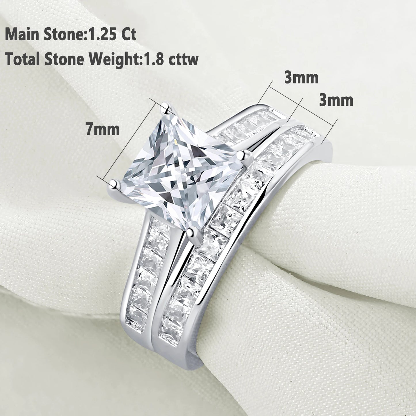 2 Pieces Classic Wedding Rings Set for Women 7*7Mm Princess Cut AAAAA Zircon 925 Sterling Silver Engagement Ring Jewelry